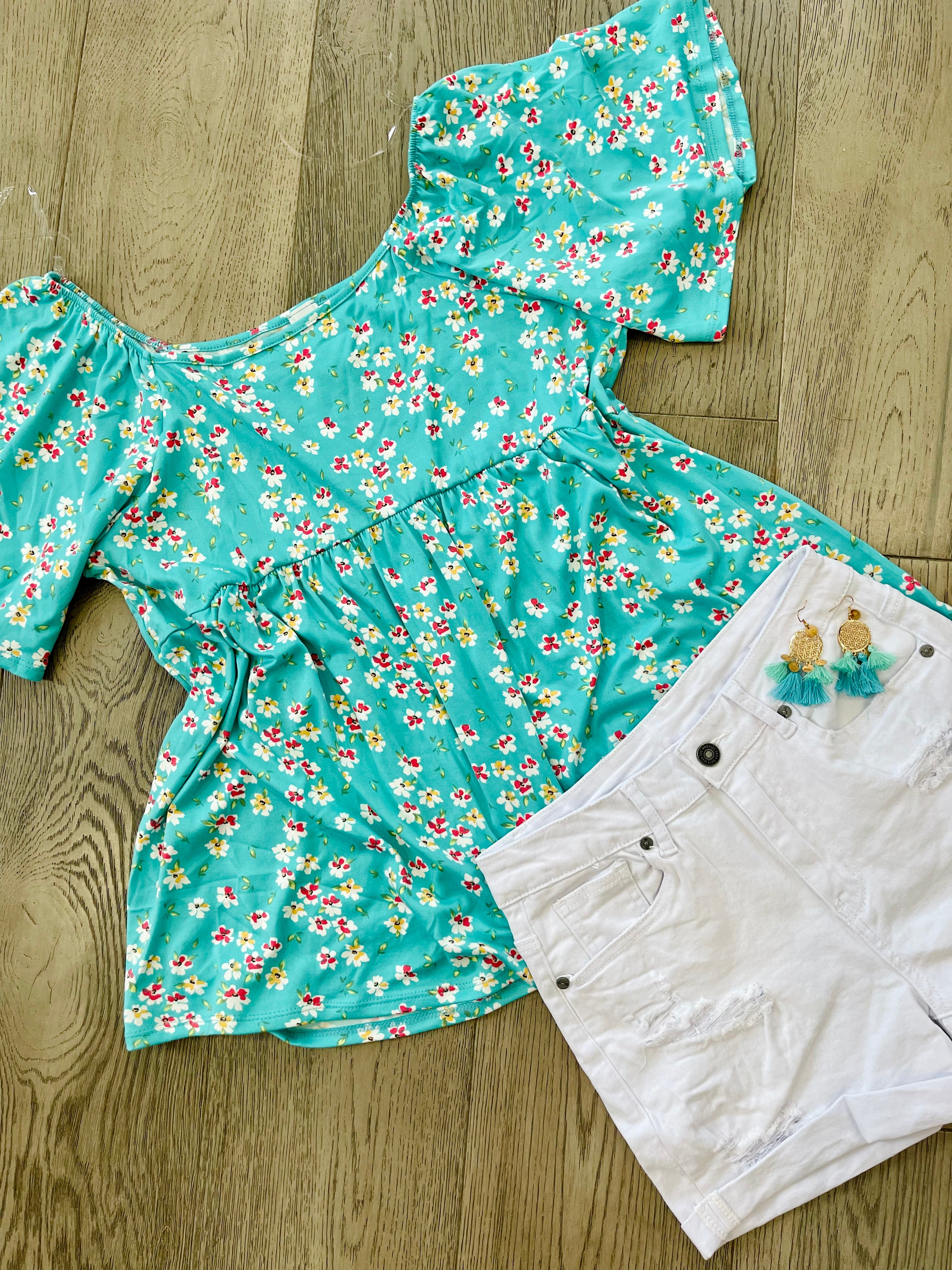 Teal green floral top