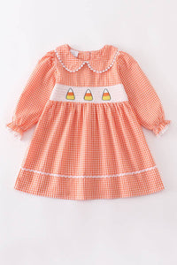 Orange plaid candy corn smocked dress-3T