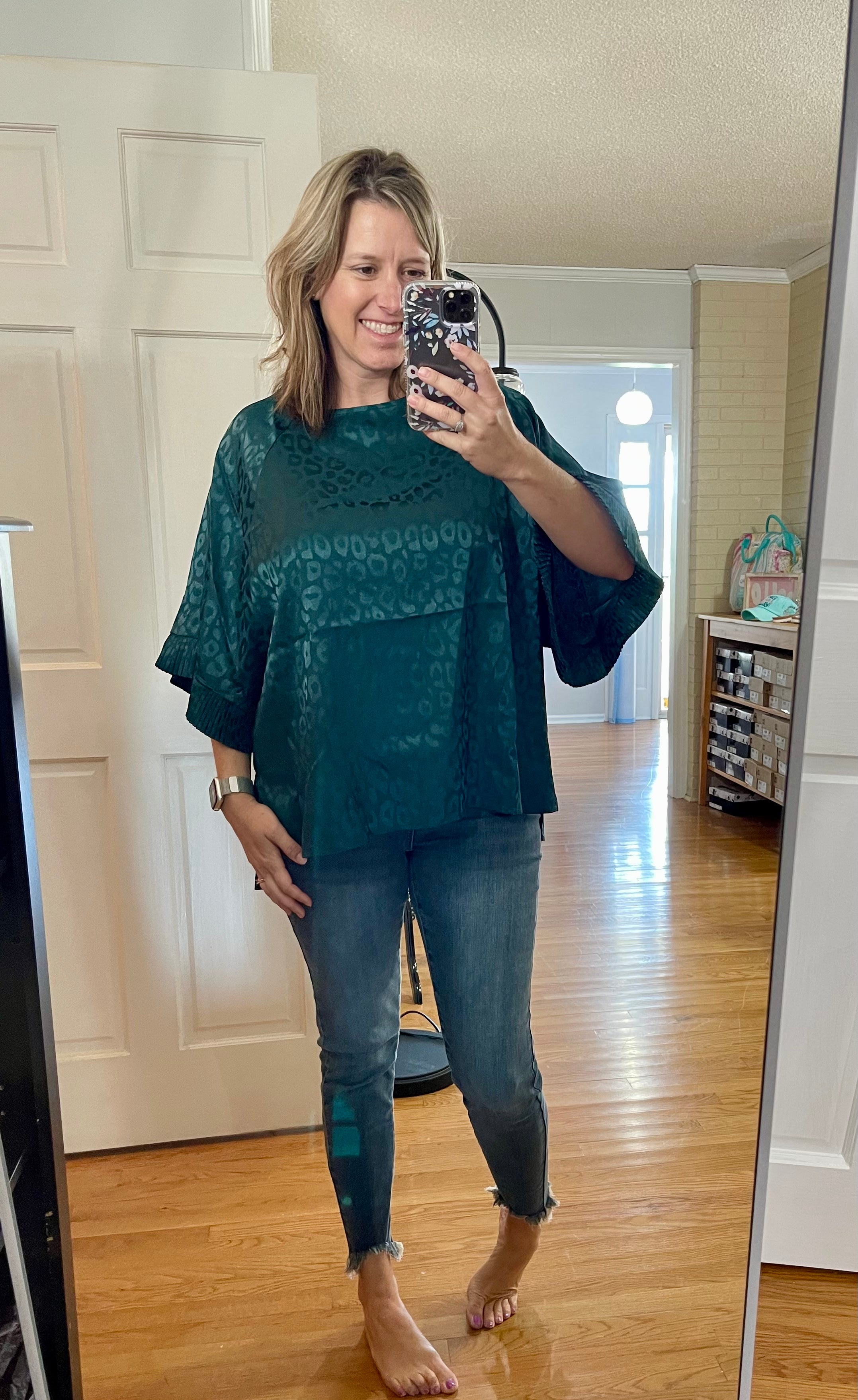 Teal Leopard satin with bell sleeve top