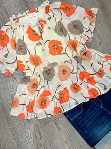Coral floral tiered bodice top