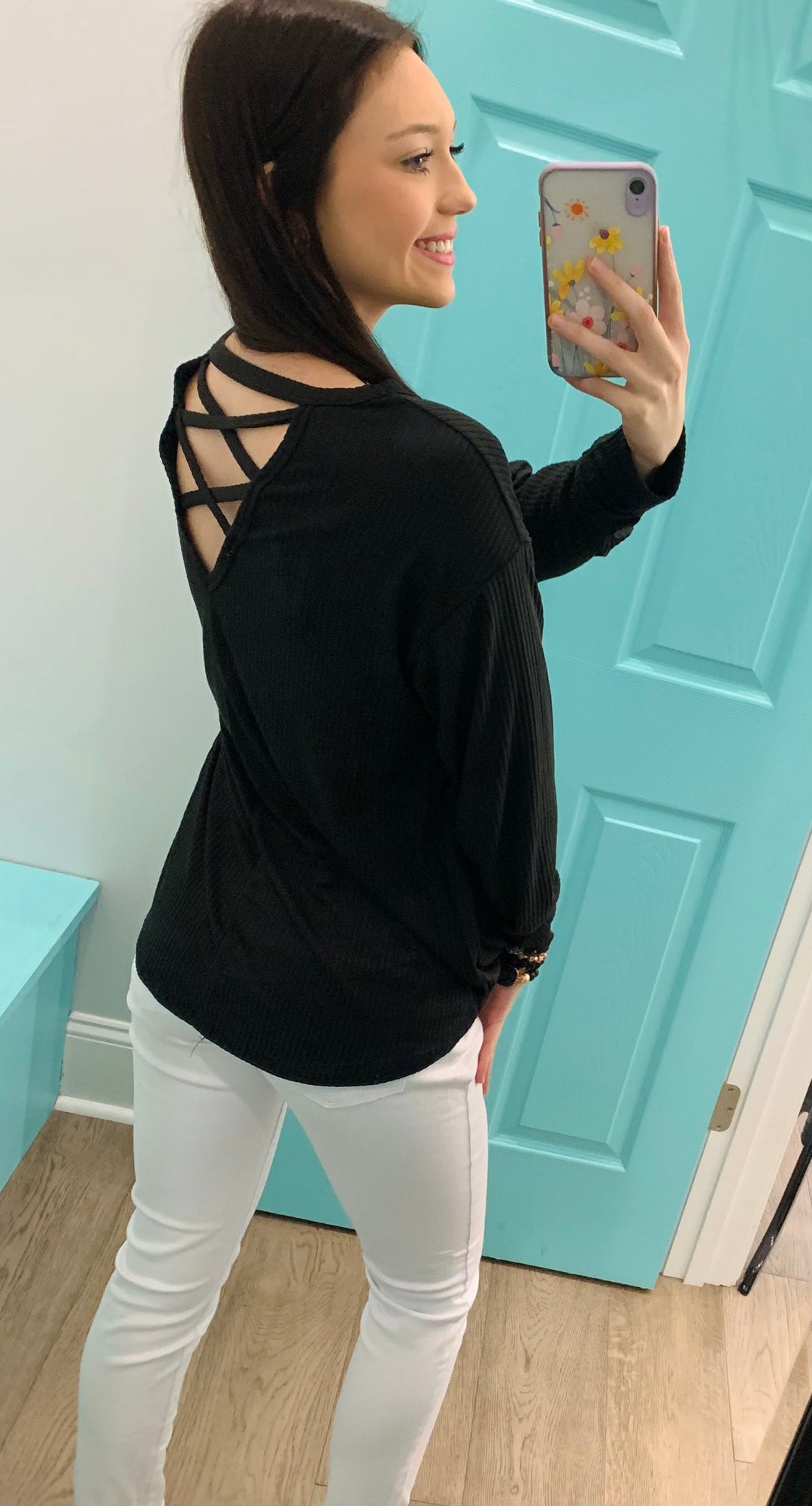 Ribbed Black top with Criss cross back